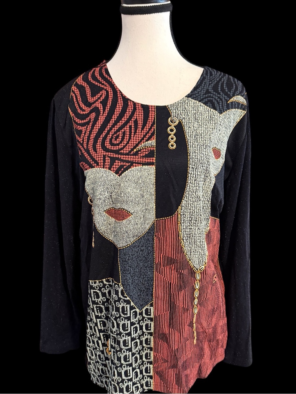 90s beaded Knit Blouse 20s Art Deco Fashion Faces Black Red Printed Graphic Top
